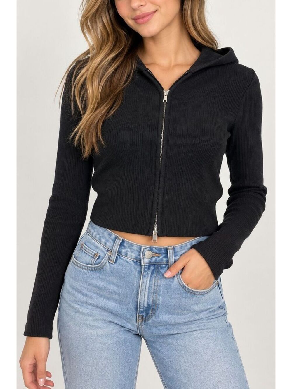 Brandy Melville Arden Ribbed Zip Up Hoodie Black One Size XS S Y2K